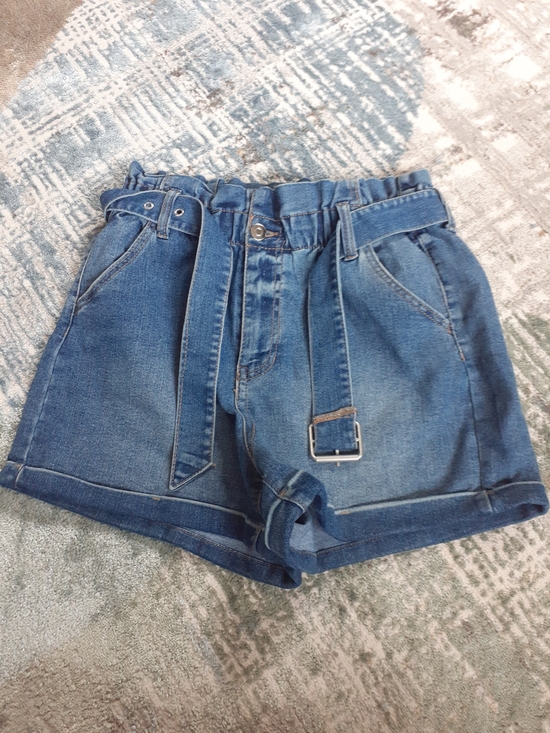 No Boundaries Pants - No Boundaries Denim Paperbag Waist Shorts in Blue with Tie Belt